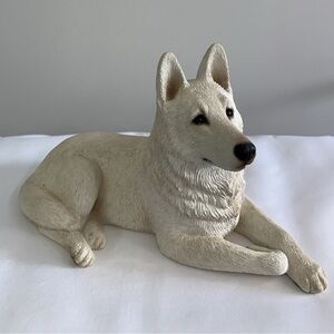 Sandicast Lying White German Shepherd Dog Sculpture renowned artist Sandra Brue